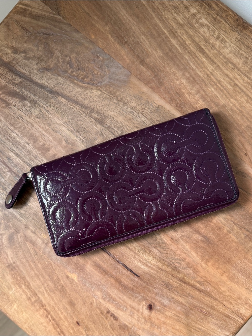 COACH Signature Liquid Gloss Patent Leather Accordion Zip Around Wallet Plum